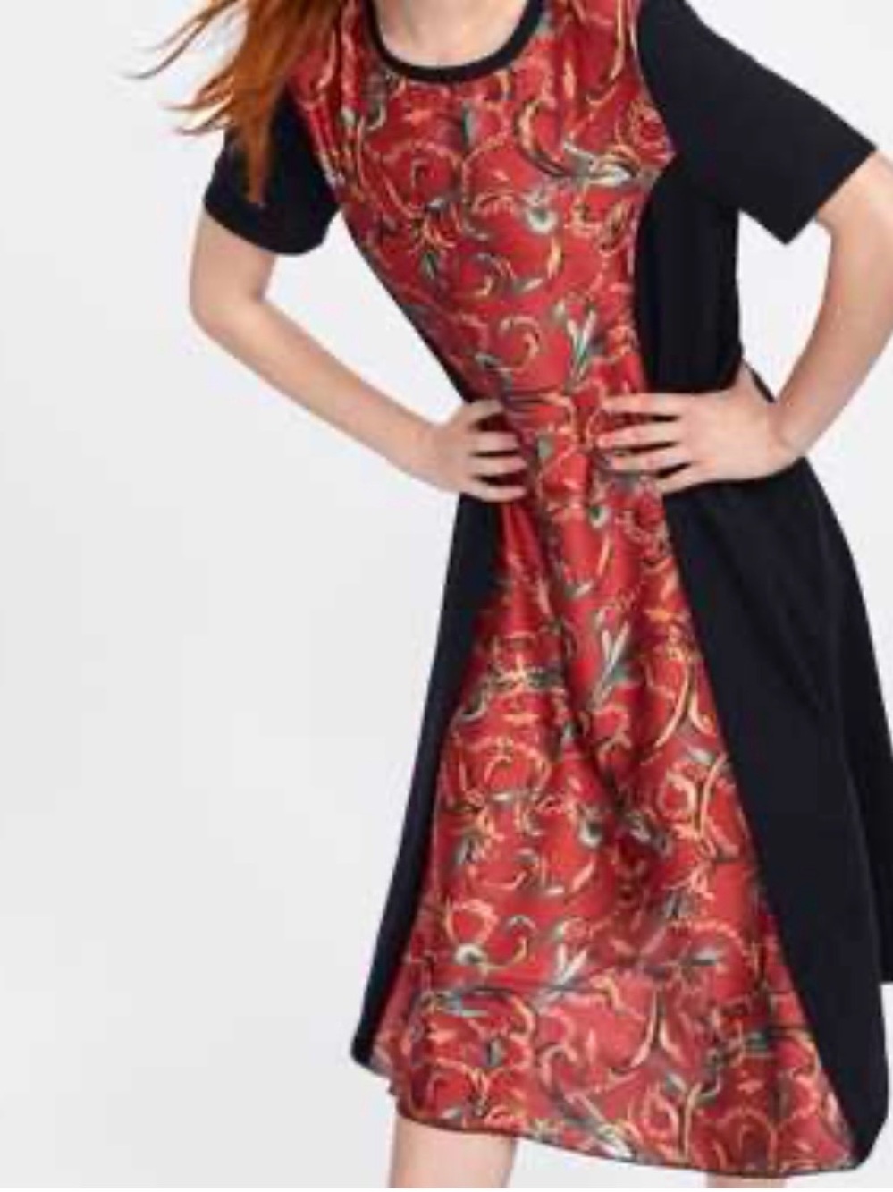 Zara Black & Red Floral Panel Midi Dress